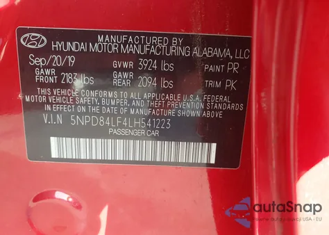 2020 Hyundai Elantra Limited z USA, uszkodzony, nr VIN 5NPD84LF4LH541223